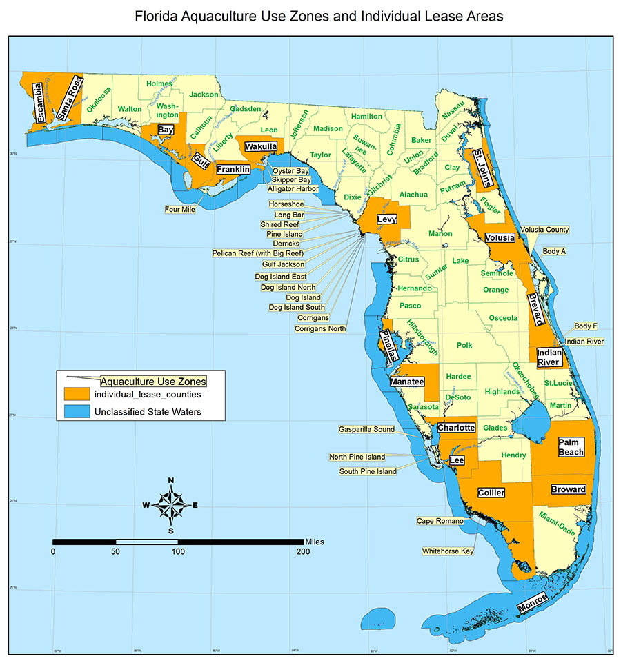 A map of the state of Florida with embedded hyperlinks pointing to various aquaculture leases available throughout the state.